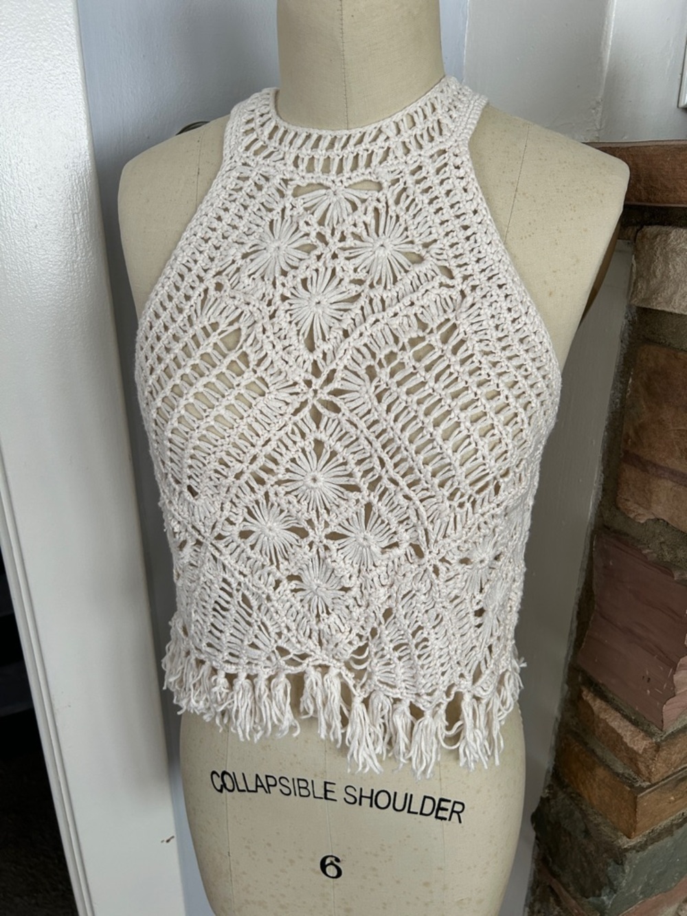 Crochet Fringe Halter Top in Cream